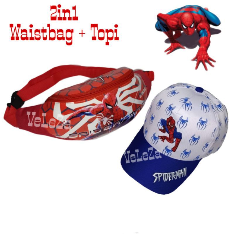 Waistbag anak karakter spiderman 2in1 - waistbag + topi