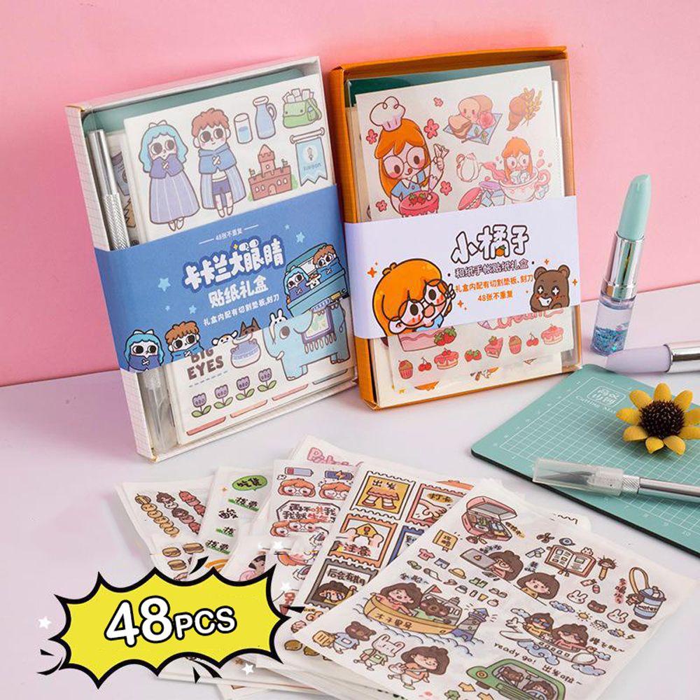 Lanfy Alat Tulis Stiker Set Kawaii 48 Pcs Dengan Graver Cutting Mat Bujo Dekorasi DIY Craft Planner Perlengkapan Sekolah Diary Scrapbooking Stickers