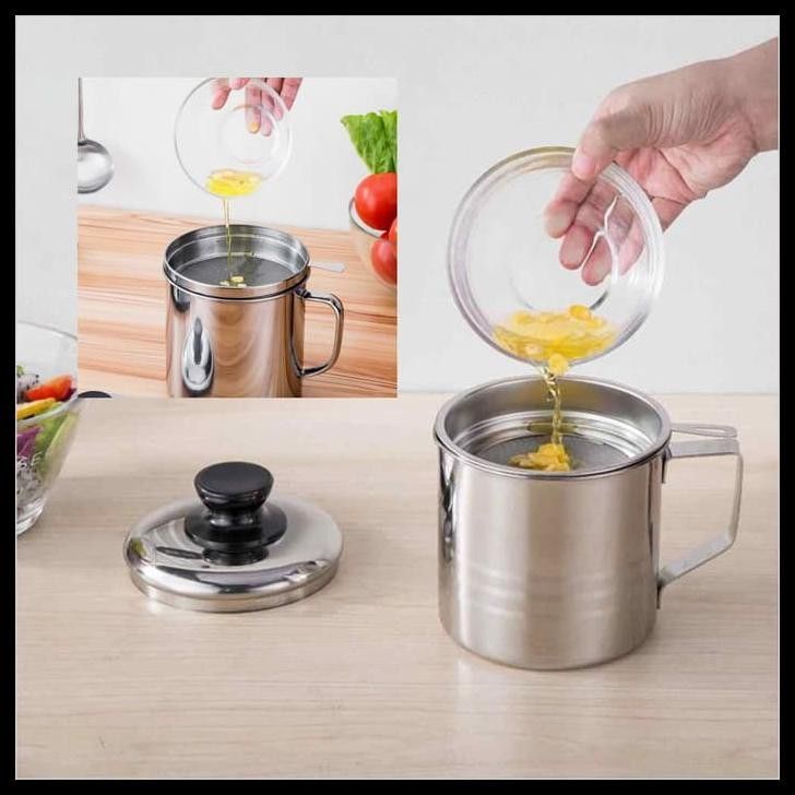 (COD) Mug &amp; Saringan Minyak/Oil Pot Stainlees 12cm filter 3 IN 1 Oil Pot Wadah Saringan Minyak Stainless Steel 1.3L / Gelas Saringan Minyak / Tempat Saringan Minyak Anti Karat Premium | Stainless Steel Kitchen Oil Pot MURAH