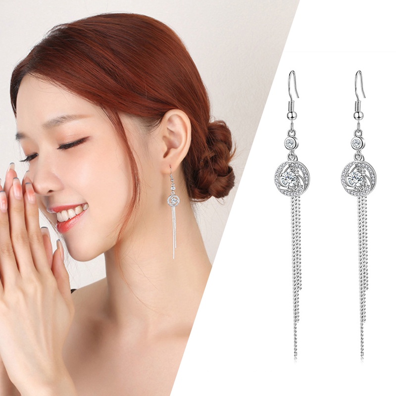 Anting Gantung Sterling Silver 925 Model Rumbai Panjang Dengan Zircon Bulat Untuk Wanita