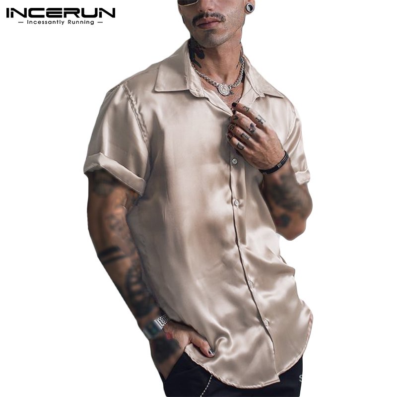 INCERUN Men Fashion Silk Satin Soft Short Sleeves Lapel Button Up Casual Shirt