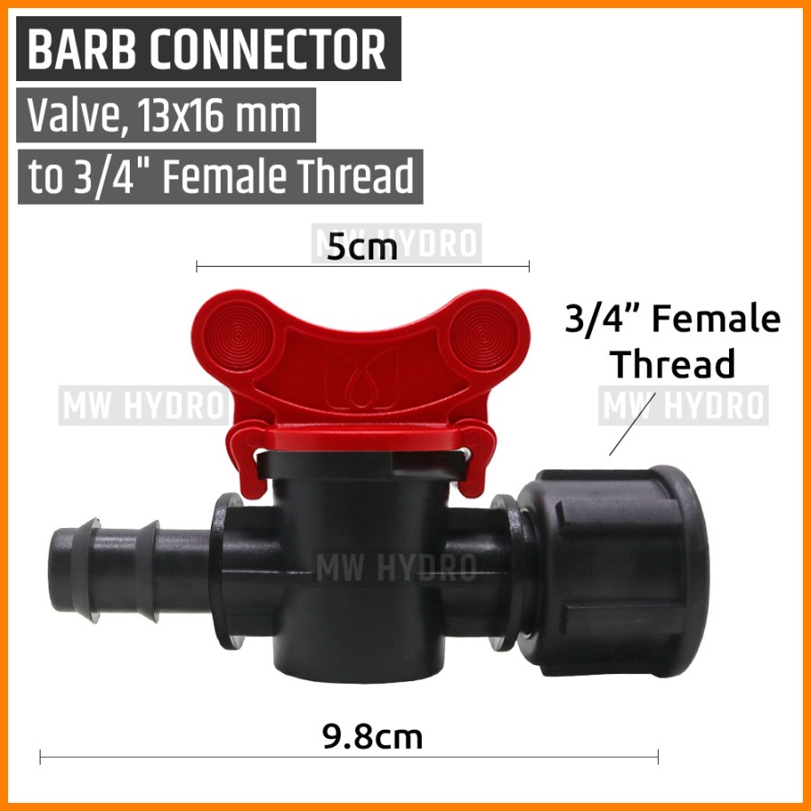 Barb Valve 3/4 inch Drat (Female/Betina) ke Selang PE 16 mm / 13 mm