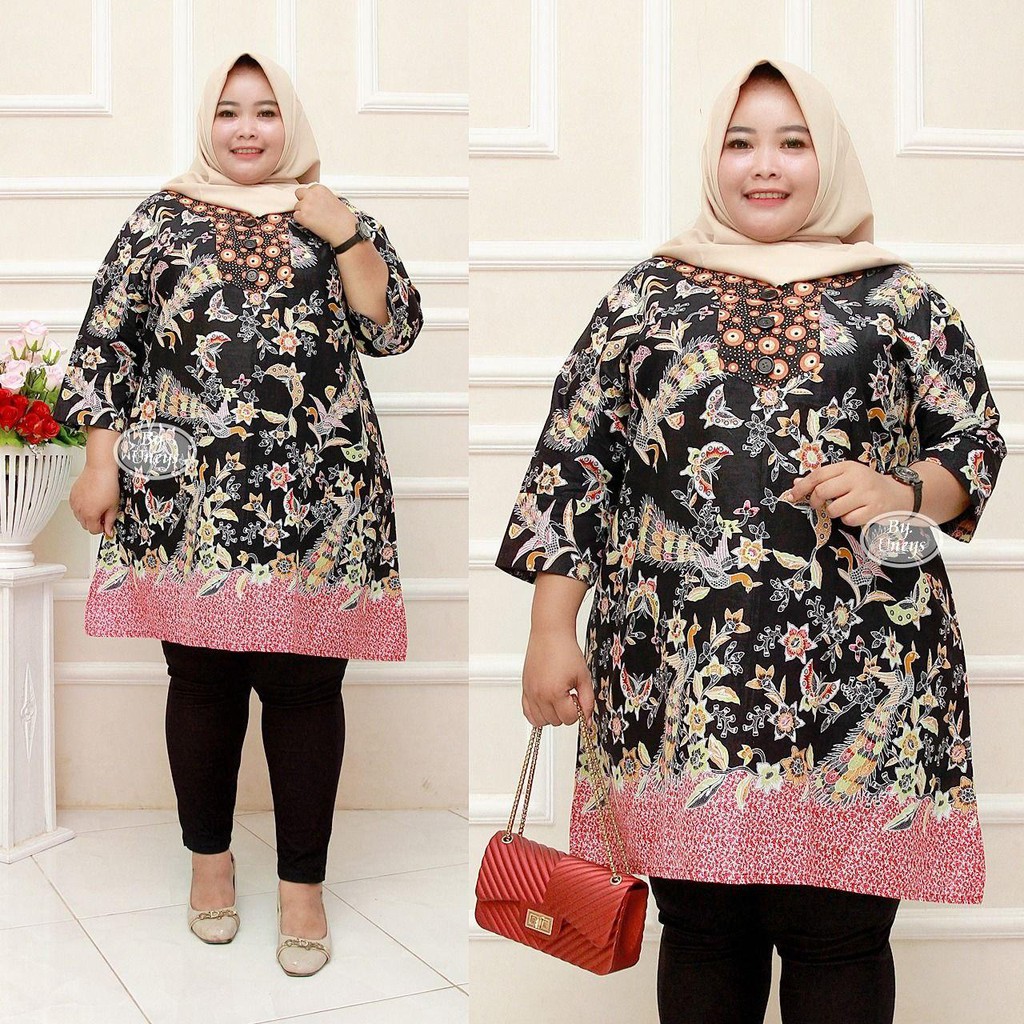 Tunik Batik Wanita Ukuran Jumbo LD 140cm Resleting Belakang Bahan Katun Adem Di Pakai Serap Keringat