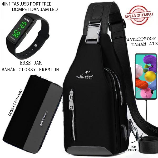 TANMESO 5IN1 BAYAR DITEMPAT- JAM LED - HEADSET- DOMPET -USBPORT -TAS WATERPROOF-BAHAN INTERPILAR SENDIRI LEMBUT DAN TEBAL MENGANDUNG 70%COTTON BUKAN PARASUT ATAU KANVAS SEPERTI YANG BEREDAR DIPASARAN-TAS SELEMPANG PRIA-SLING BAG PRIA