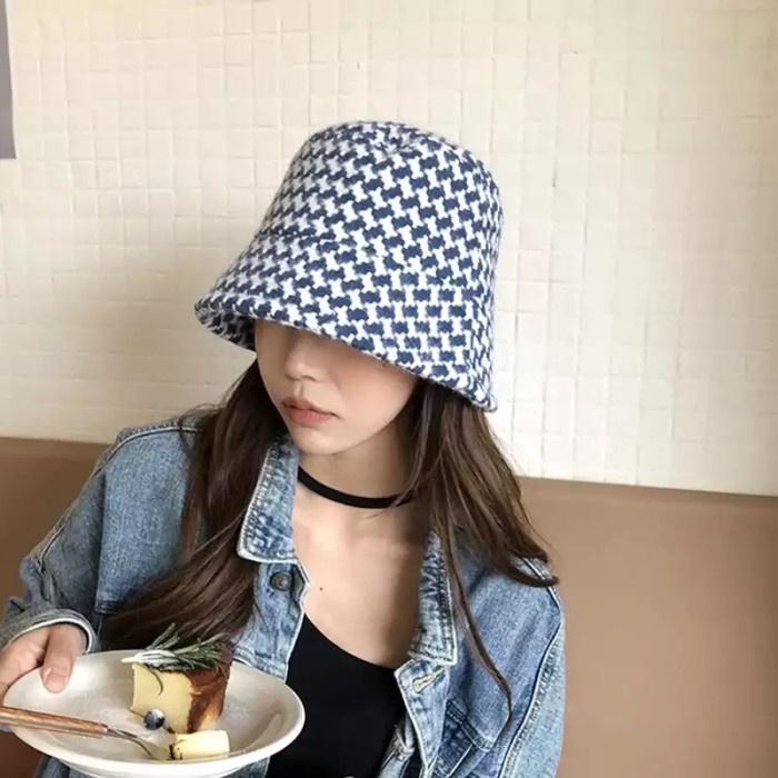 Topi bucket wool houndstooth Bucket Hat