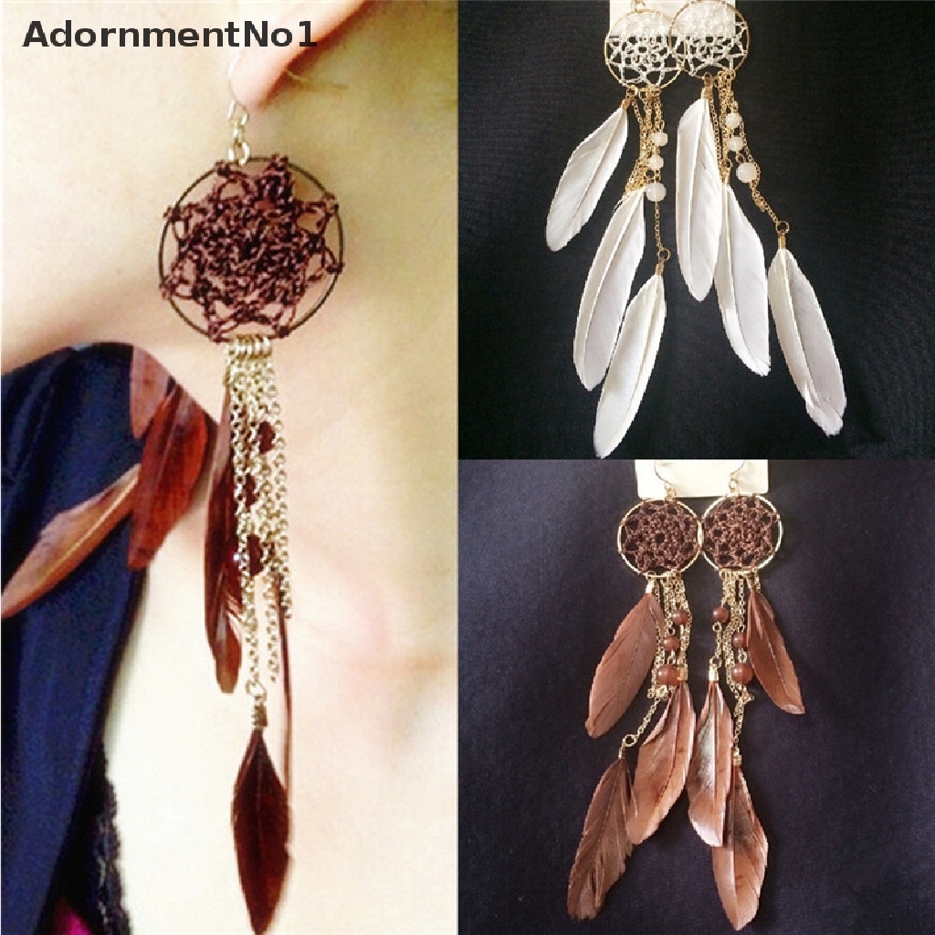 (AdornmentNo1) Anting Gantung Panjang Kait Gaya Etnik Bohemia Motif Dream Catcher Aksen Bulu + Manik-Manik Untuk Wanita