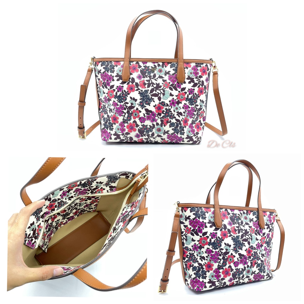Tas TB Kerrington Small Tote Floral Cream Red Blue sz 28-36x24x10cm