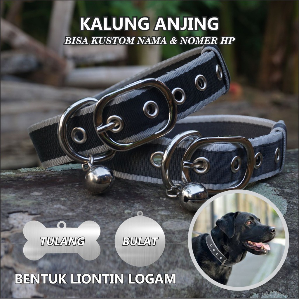 Kalung anjing bisa custom liontin nama dan nomer HP free lonceng adjustable anti anjing hilang