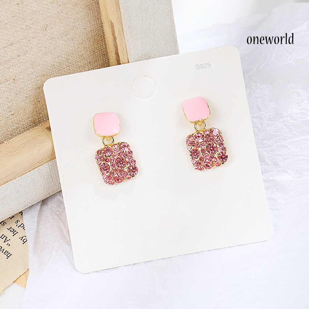 OW# Women Elegant Geometric Full Drill Rhinestone Love Heart Square Earring Ear Stud