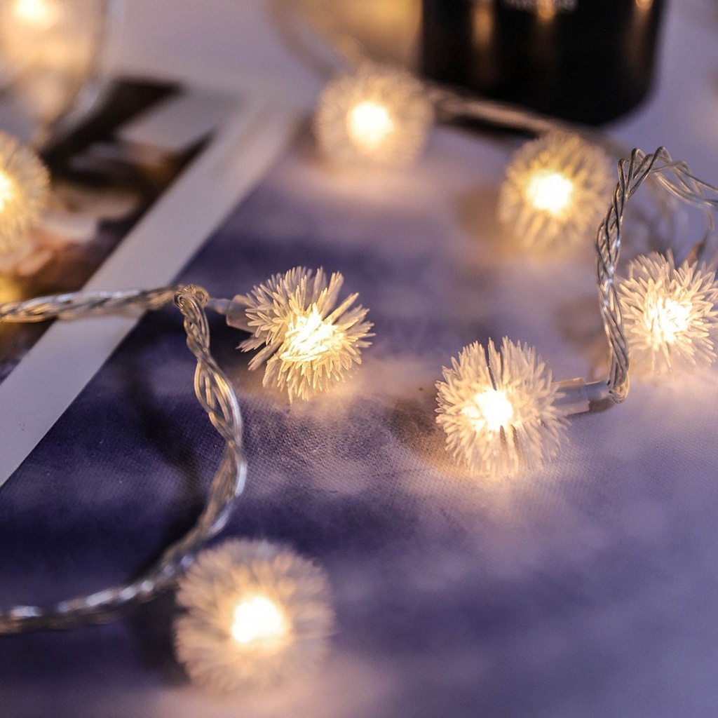 Christmas New Year Mini Dandelion LED String Light/Battery Operated Furry Ball  Lamp/Garden Terrace Indoor Party Holiday Decoration Lighting