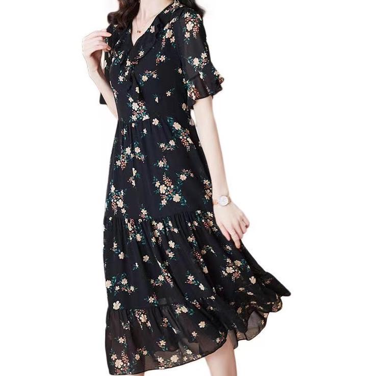 Trend - 2022 baru dress bunga korea gaun bunga v-neck rok midi temperamen dress korea  long dress 