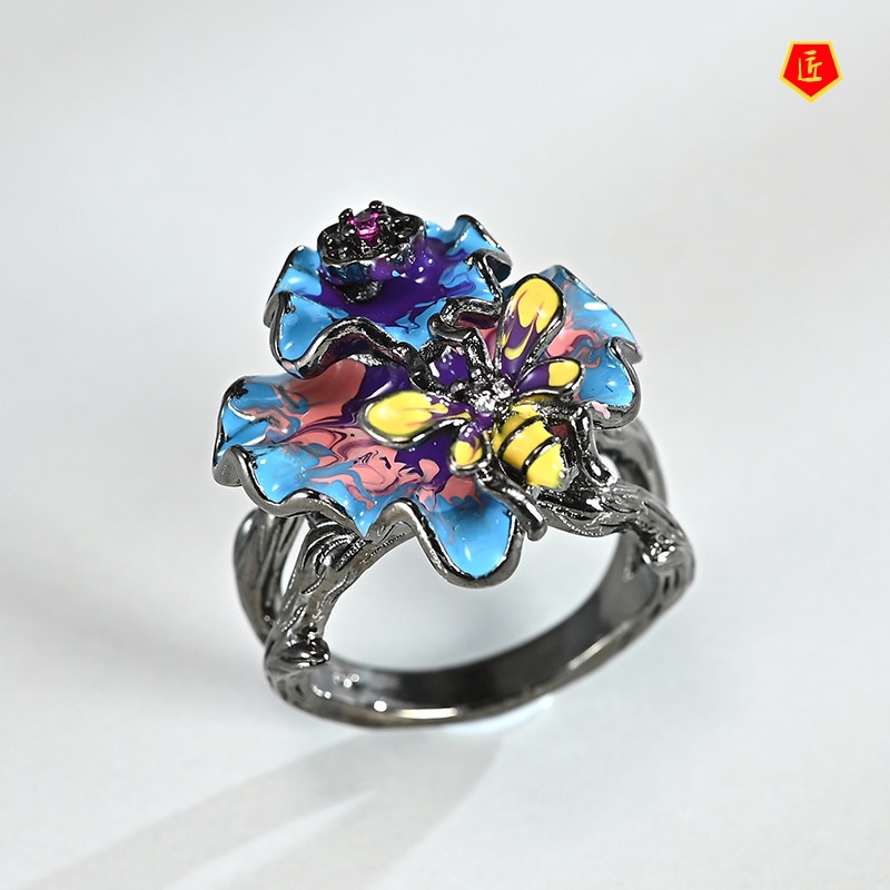 [Ready Stock]Black Gold Diamond Bee Enamel Ring Exquisite Fashion