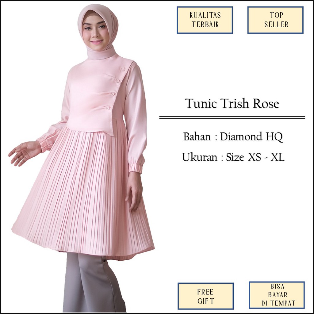 Baju Atasan Tunik Tunic Kerja Kantor Warna Rose Polos Kombinasi Plisket Bahan Diamond Size XS XL Jum