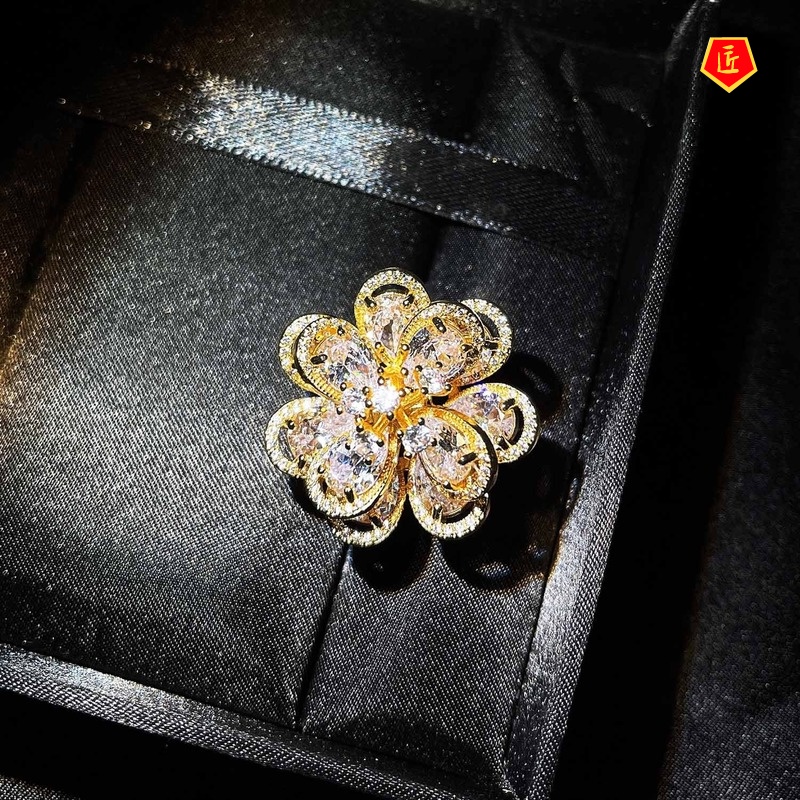 [Ready Stock]Fashion Micro Inlay Full Diamond 18K Gold Vertical Camellia Ring