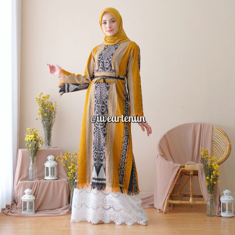 Gamis Tenun Jepara Mouza Mustard Original | Gamis Etnik Modern Elegan