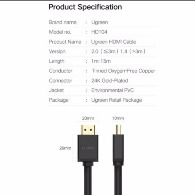 Ugreen Kabel Hdmi Male to Hdmi Male 4K 3D Ultra HD V1.4 High Speed