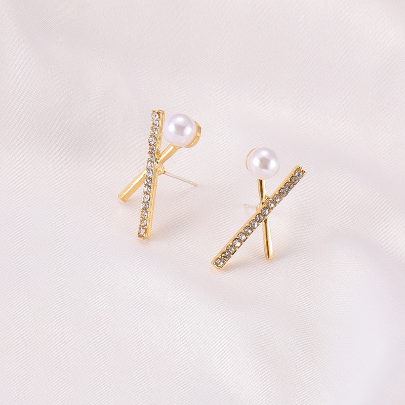 Sterling silver jarum Korea fashion komuter gaya dasar cross geometris pearl stud earrings all-match