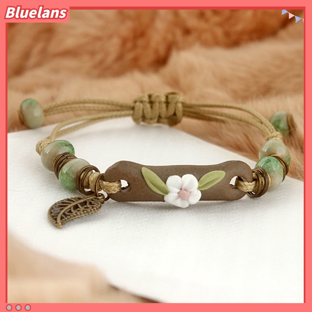 Bluelans Fashion Women Flower Leaf Porcelain Charm Woven Bracelet Adjustable Jewelry Gift