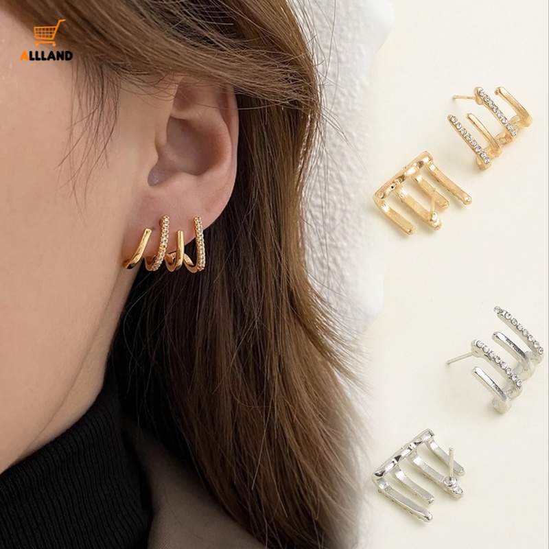 Anting Tusuk Bentuk C Geometris Multilayer Bahan Logam Aksen Berlian Imitasi Untuk Wanita