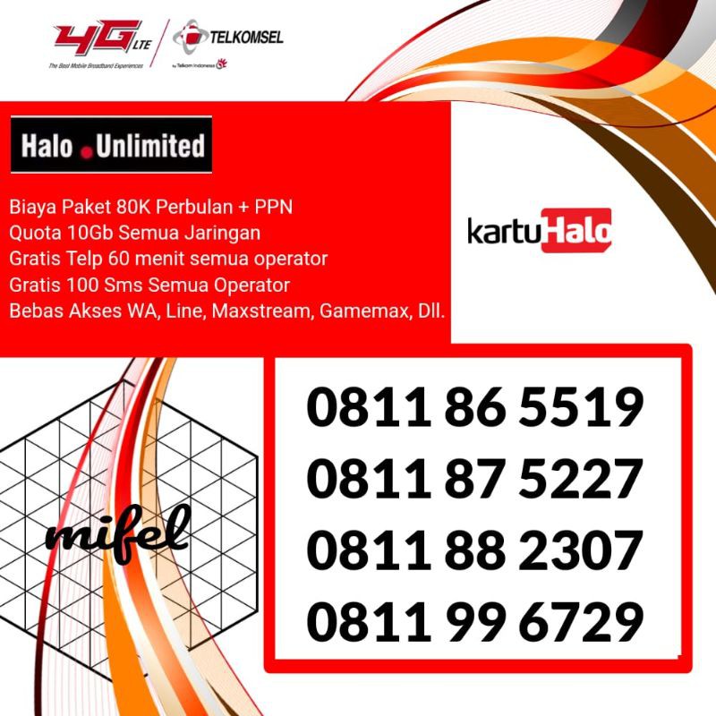 kartu halo paket unlimited 80, harga sudah termasuk biaya paket + ppn, NOMER GRATIS