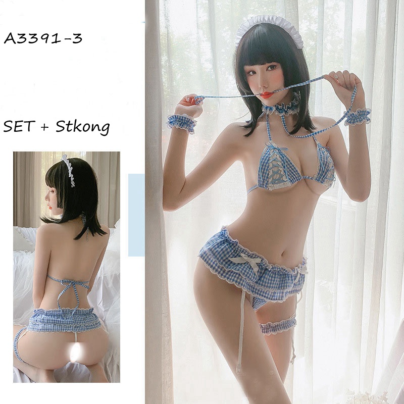 Set Lingerie Sexy  Nakal Pembantu Cosplay Seragam Rok Mini kotak-kotak dan Thong Stoking 3A391-2