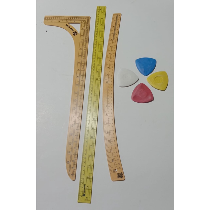 RK penggaris pola jahit / paket berisi 3 penggaris 4 kapur warna campur / penggaris besar /