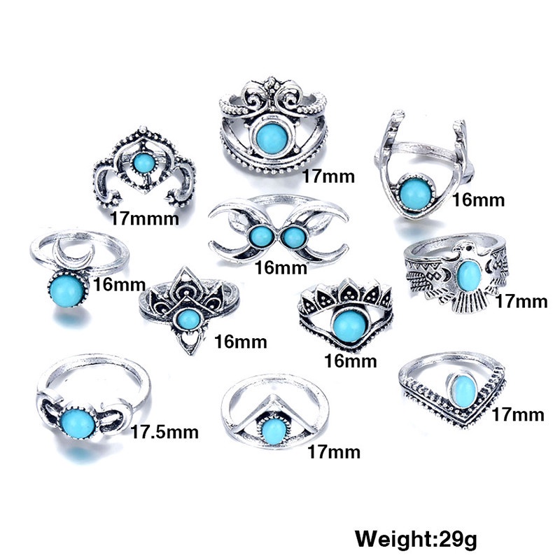 11pcs / Set Cincin Bentuk Burung Hantu Bulan Sabit Turquoise Gaya Bohemian Untuk Wanita