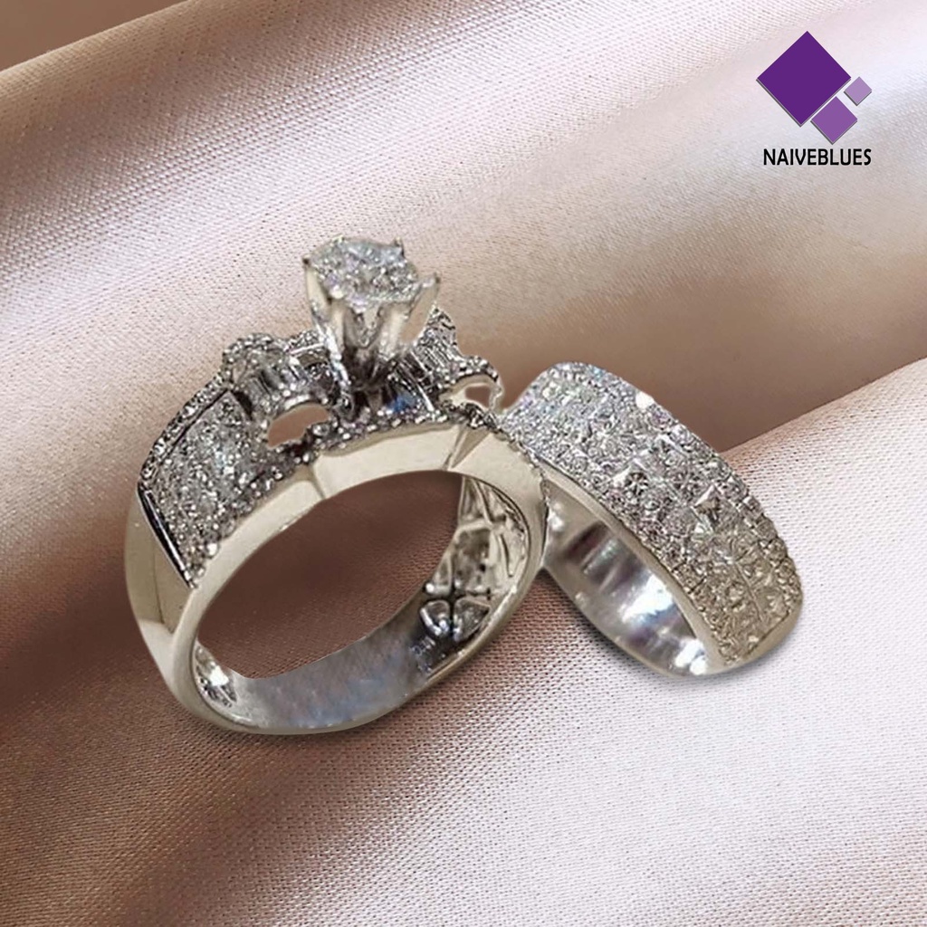 Naiveblue 2Pcs / Set Cincin Pasangan Model Lebar Hias Berlian Imitasi Untuk Pria / Wanita