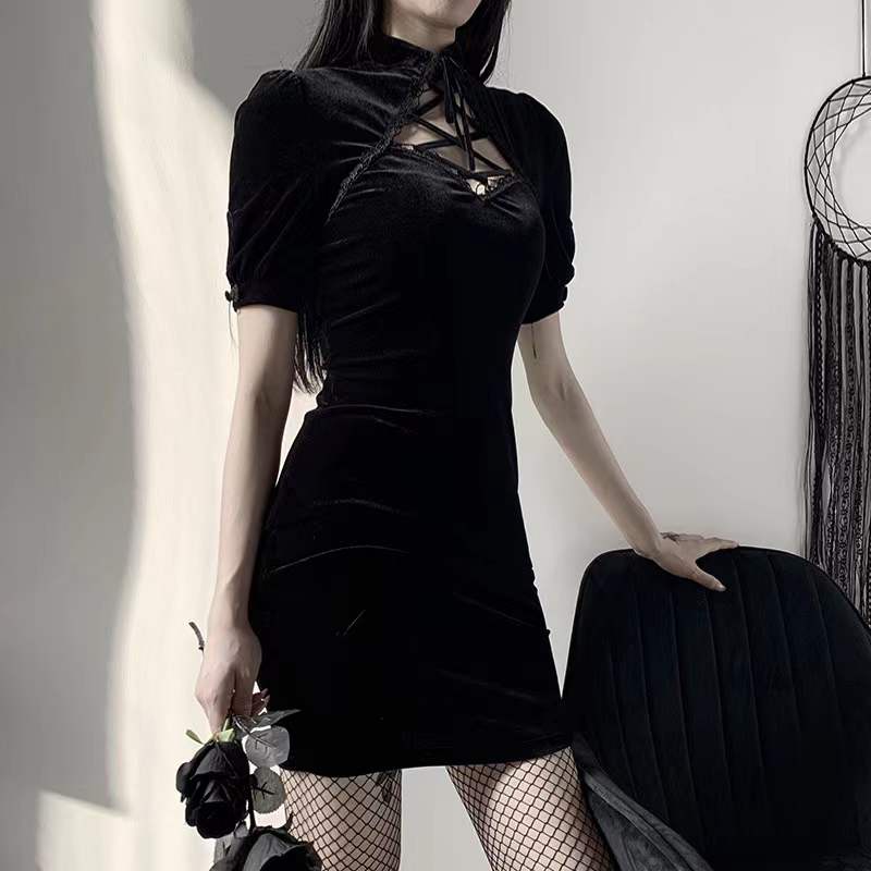 [Goth] Velvet Bodycon Mini Dress 8534 (S/M/L)