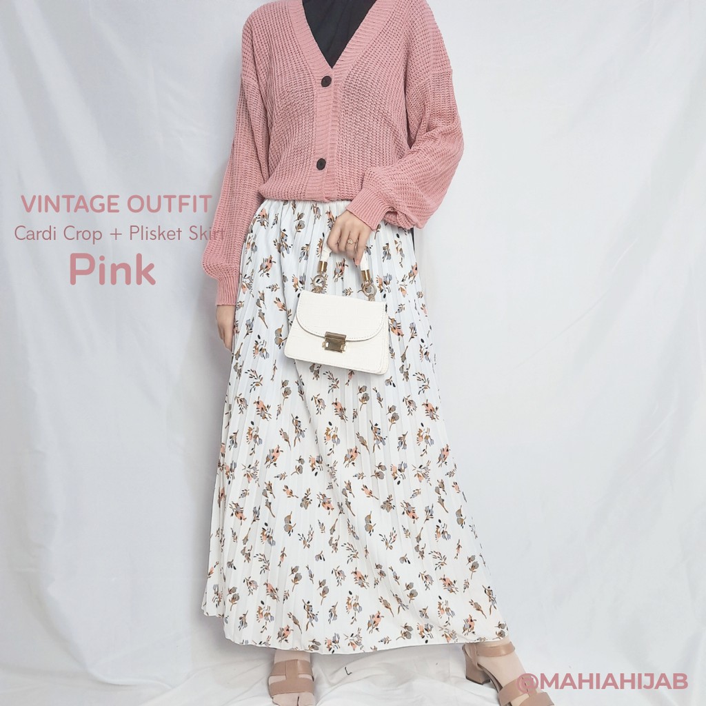 Vintage One Set Cardi crop polos + Rok plisket motif flower vintage korea style, Setelan Lengkap, ootd hijab