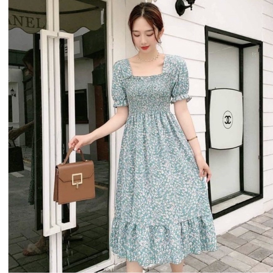 DRESS POLYESTER KOREAN LOOK BEACH DRESS MIDI KARET MOTIF FLOWER