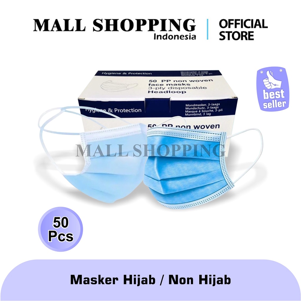 (COD) MASKER NON HIJAB 3PLY MASKER EARLOOP KEMASAN PLASTIK ANTI BAKTERI 1 ISI 50PCS MALLSHOPPING