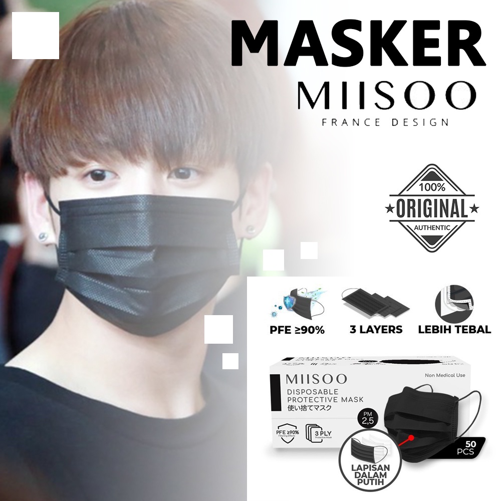 MIISOO Disposable Masker Hitam Black Edition 50pcs Masker Kesehatan 3ply Earloop IZIN RESMI BNPB
