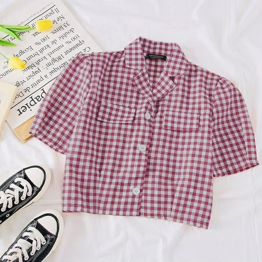 Blouse Crop kerah tangan pendek kotak Ayana ECL Bahan katun