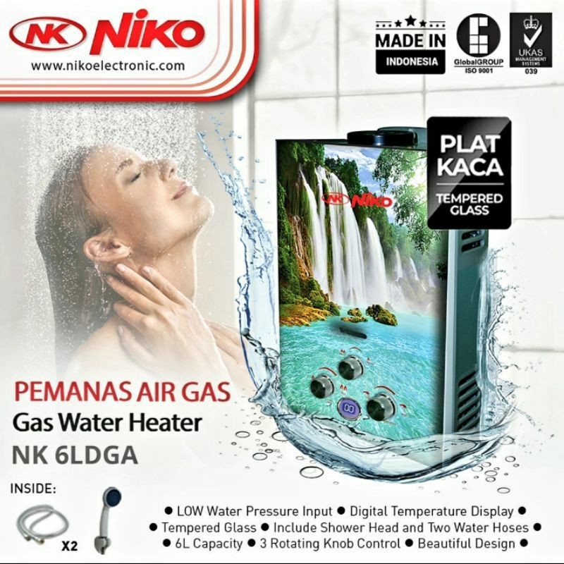 NIKO Water Heater Gas NK 6LDGA Kapasitas 6 Liter PLAT KACA FREE SHOWER