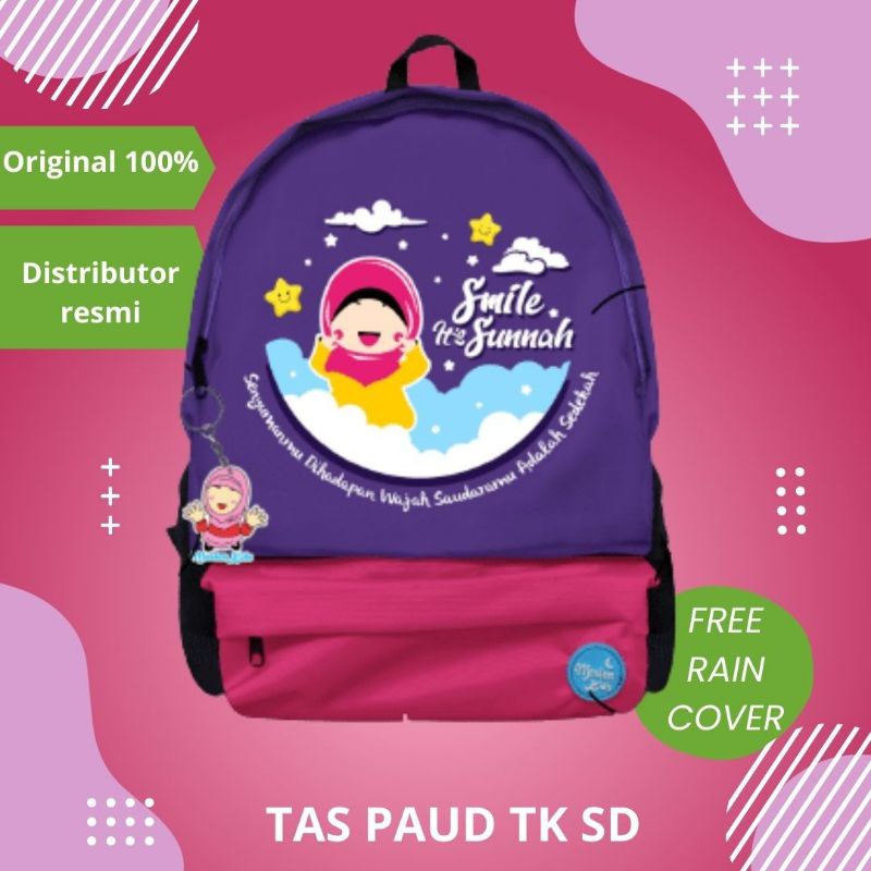 tas sekolah anak perempuan sd tk paud warna ungu Pink smile for sunnah