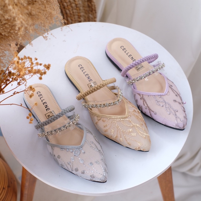 𝗖𝗘𝗟𝗟𝗘𝗡𝗘 Dal Mi flat shoes / flat diamond kepang selop brokat lace glamour