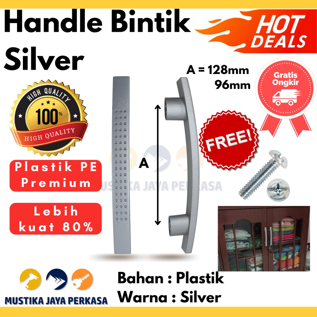 handle laci plastik 128mm warna silver corak bintik