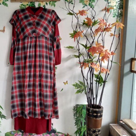 Gamis katun motif kotak kombinasi spandek supee/griselle 401