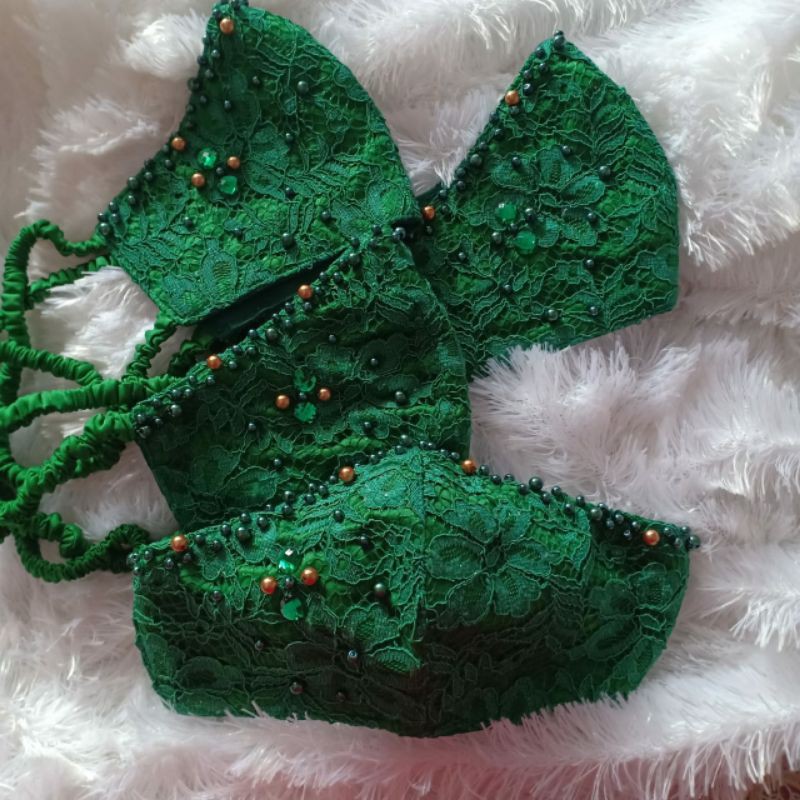 DUCKBILL HIJAU BOTOL Masker HEADLOOP Kain Centil brukat renda brokat payet Non Medis