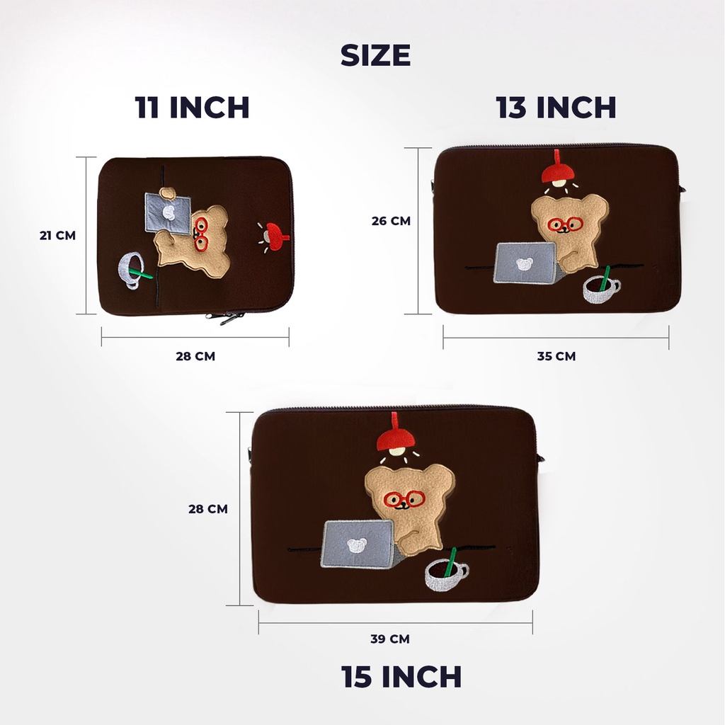 Sleeve Pouch Sarung Tas Bag Case Ipad Tab Tablet Macbook Air A2289 A2251 A2338 A2337 A2179 Pro Laptop Asus Acer Lenovo HP Huawei 11 12 13 14 15 inch Motif Gambar Kartun Bear Beruang Warna Brown Biru Cute Murah Korean Model