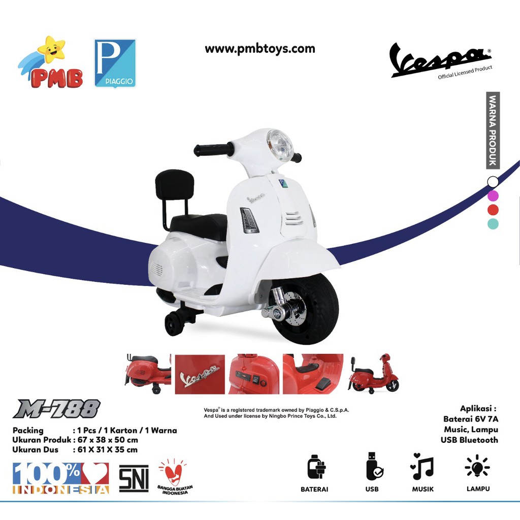 Motor Aki Anak PMB M-788 VESPA OFFICIAL LICENSED Mainan Motor Anak