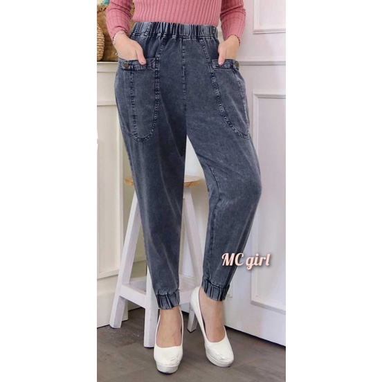 MC girl - Celana Jeans Aladin Warna Snowblack Wanita / Celana Lepis Pinggang Karet Kantong Samping Snow Black / Celana Denim Kaki Karet