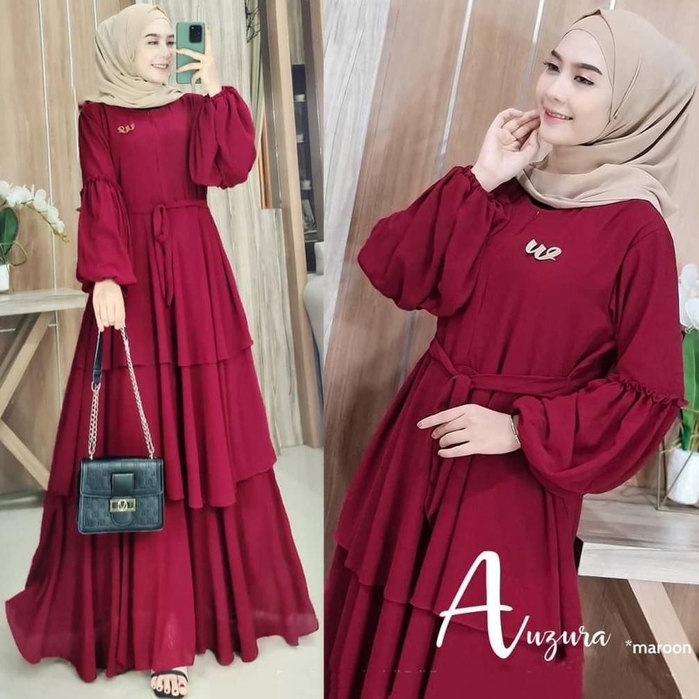 Anzura Dress / Gamis Muslim Ceruty Babydoll Terbaru 2021 / Dress Polos Casual Lengan Balon Kekinian 