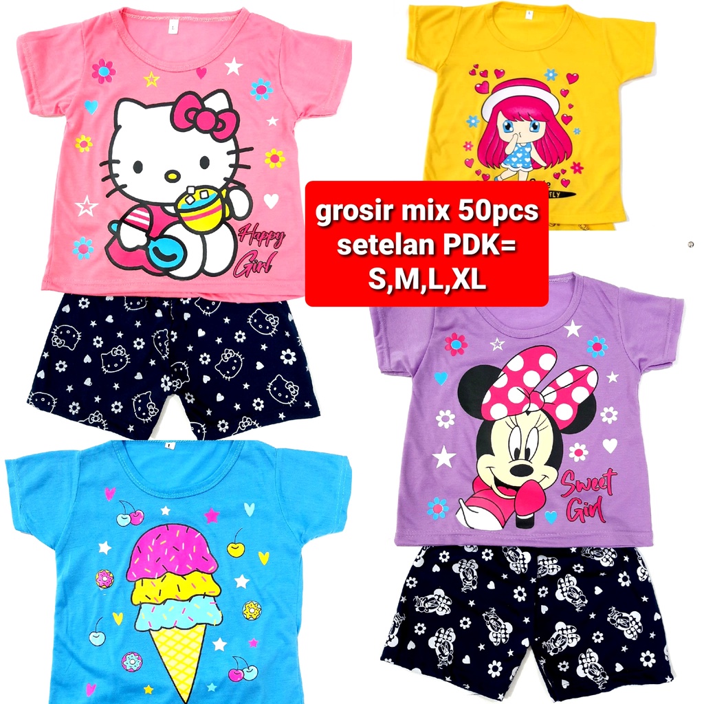 ( Grosir ) 1-5 thun MIX setelan PDK kaos anak perempuan ( 50 pcs =1 klik) baju random gambar campur pakaian