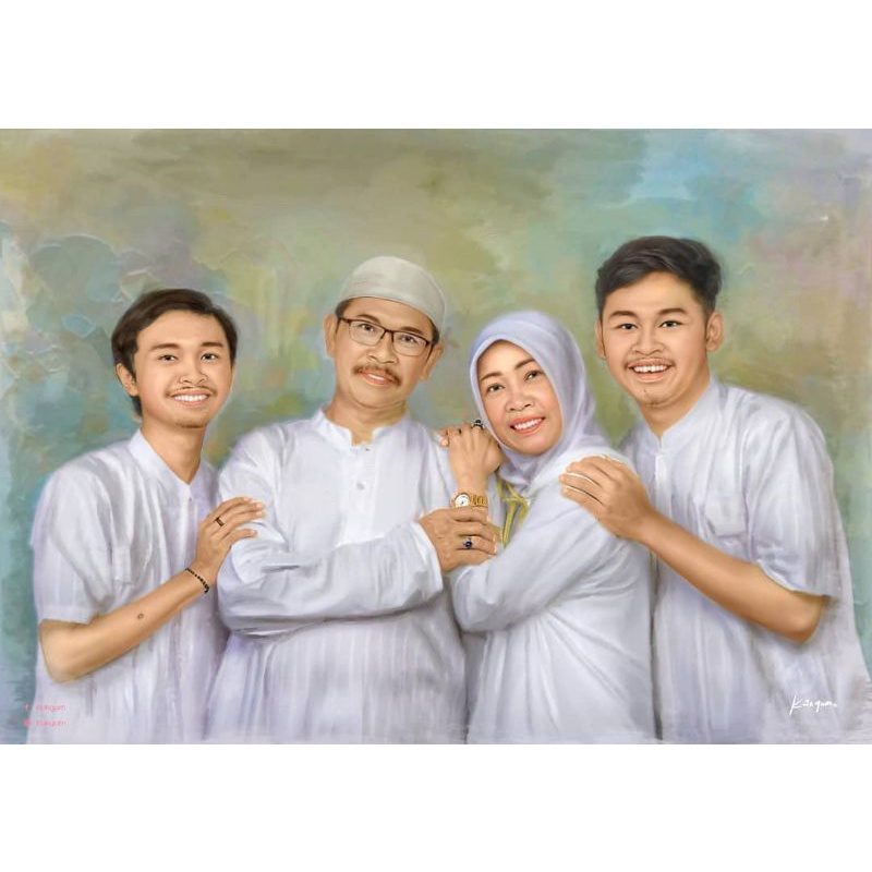 ILLUSTRATION LUKISAN KELUARGA 4 WAJAH CUSTOM PAINTING WALL DECOR