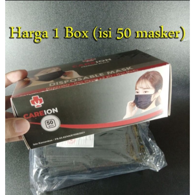 Masker earloop hitam 3 ply careion face mask 1 box 50