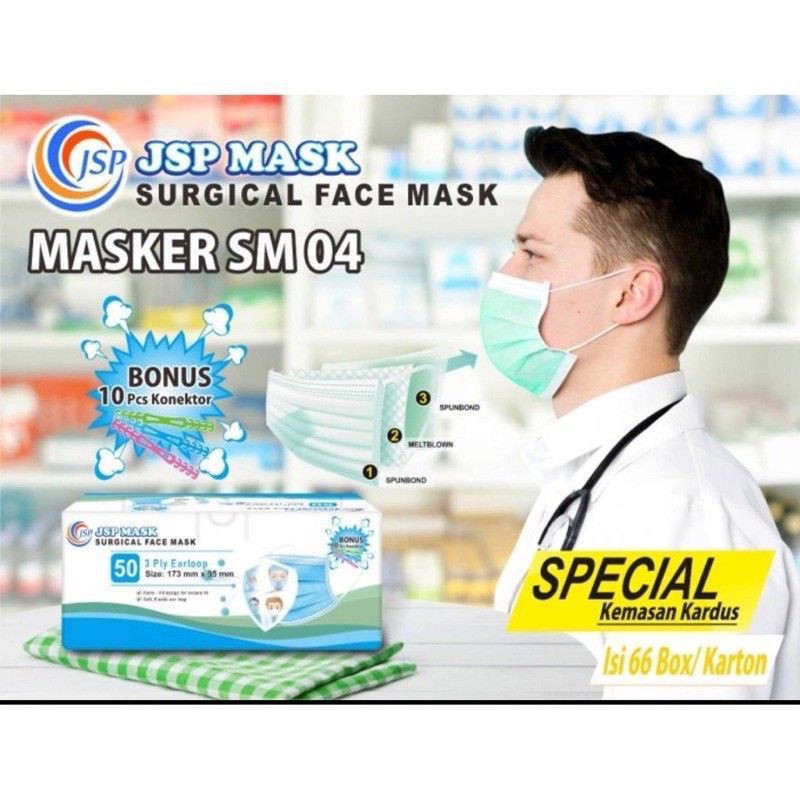 MASKER 3PLY JSP SM 04 EARLOOP (free konector) MEDIS KEMENKES SURGICAL MEDICAL ORIGINAL BOX 50