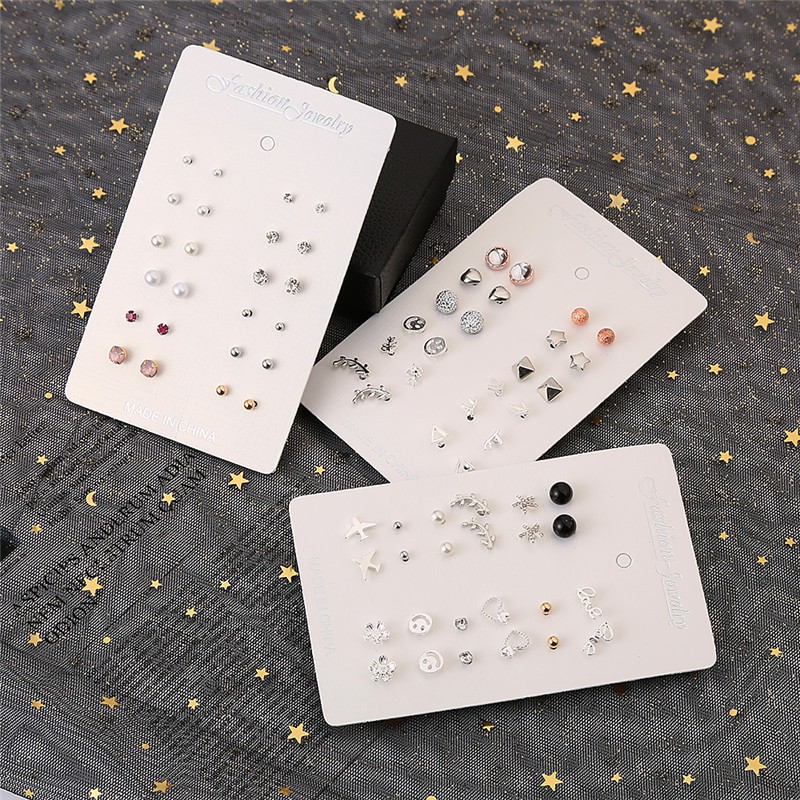 12 Pasang Anting Kombinasi Desain Hati Bulan Bunga Snowflake Bintang Aksen Mutiara Model simple