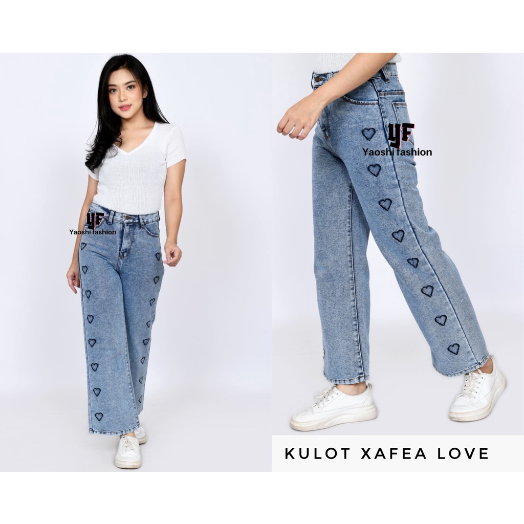 YAOSHI-Celana Panjang pinggang tinggi- BF Kulot Jeans Bordir Love Gaya Korea